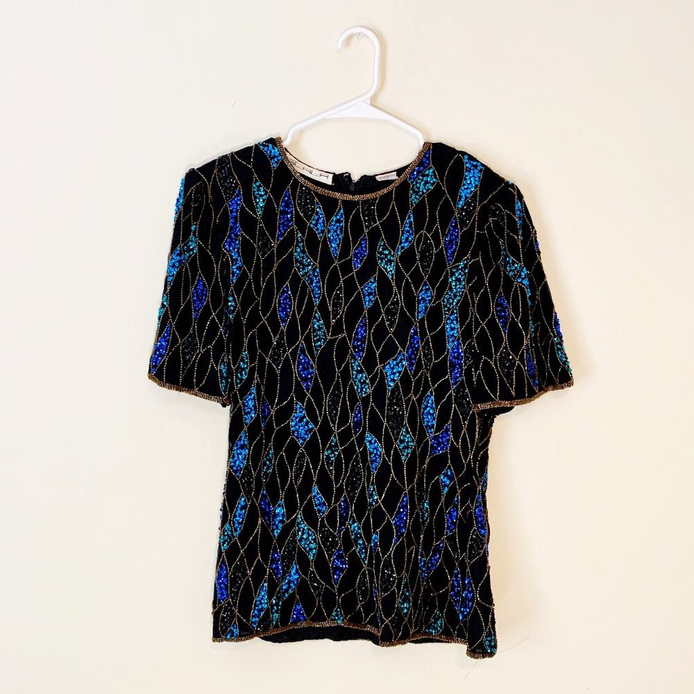Vintage 90s Scala Beaded Peacock Blue Green Top Sz Medium M